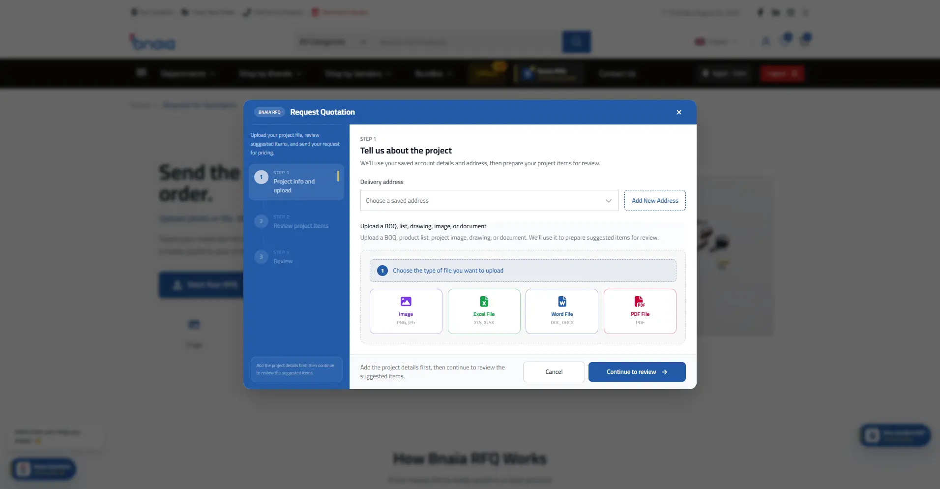 Bnaia public request-for-quotation form and procurement flow