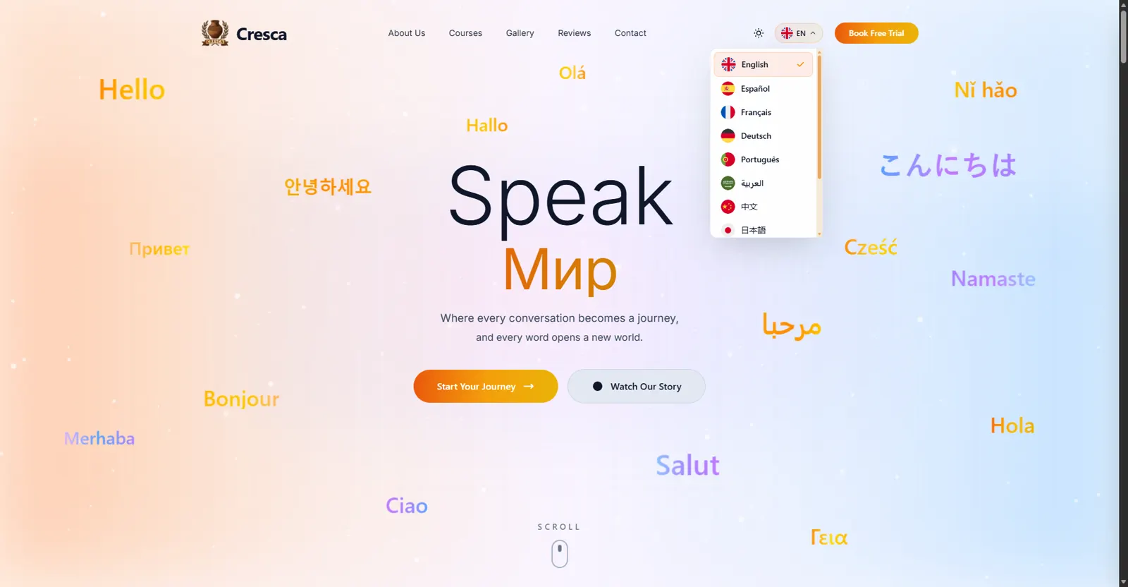 Cresca English light-theme public learning interface