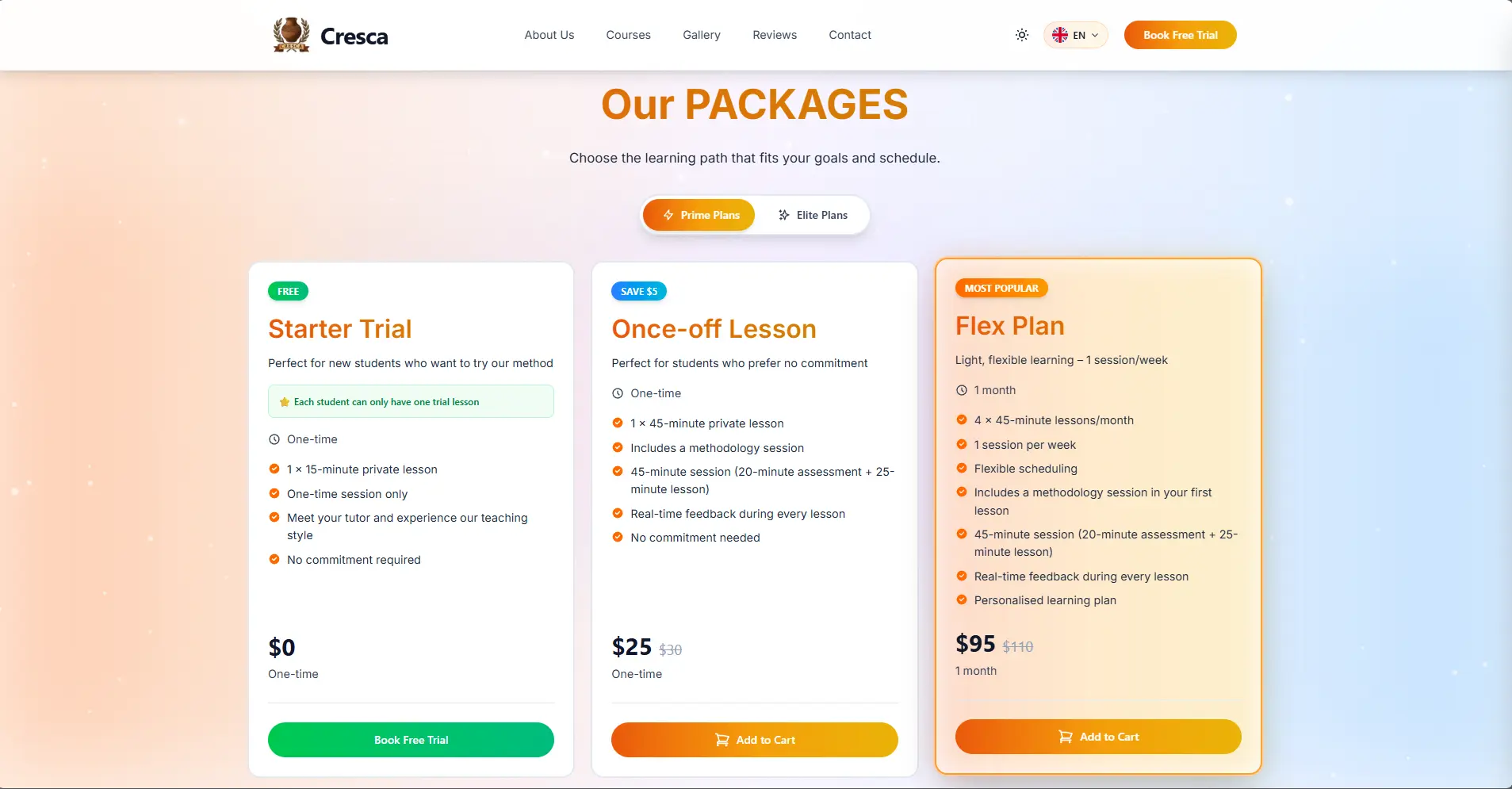 Cresca English public lesson plans and free-trial pricing