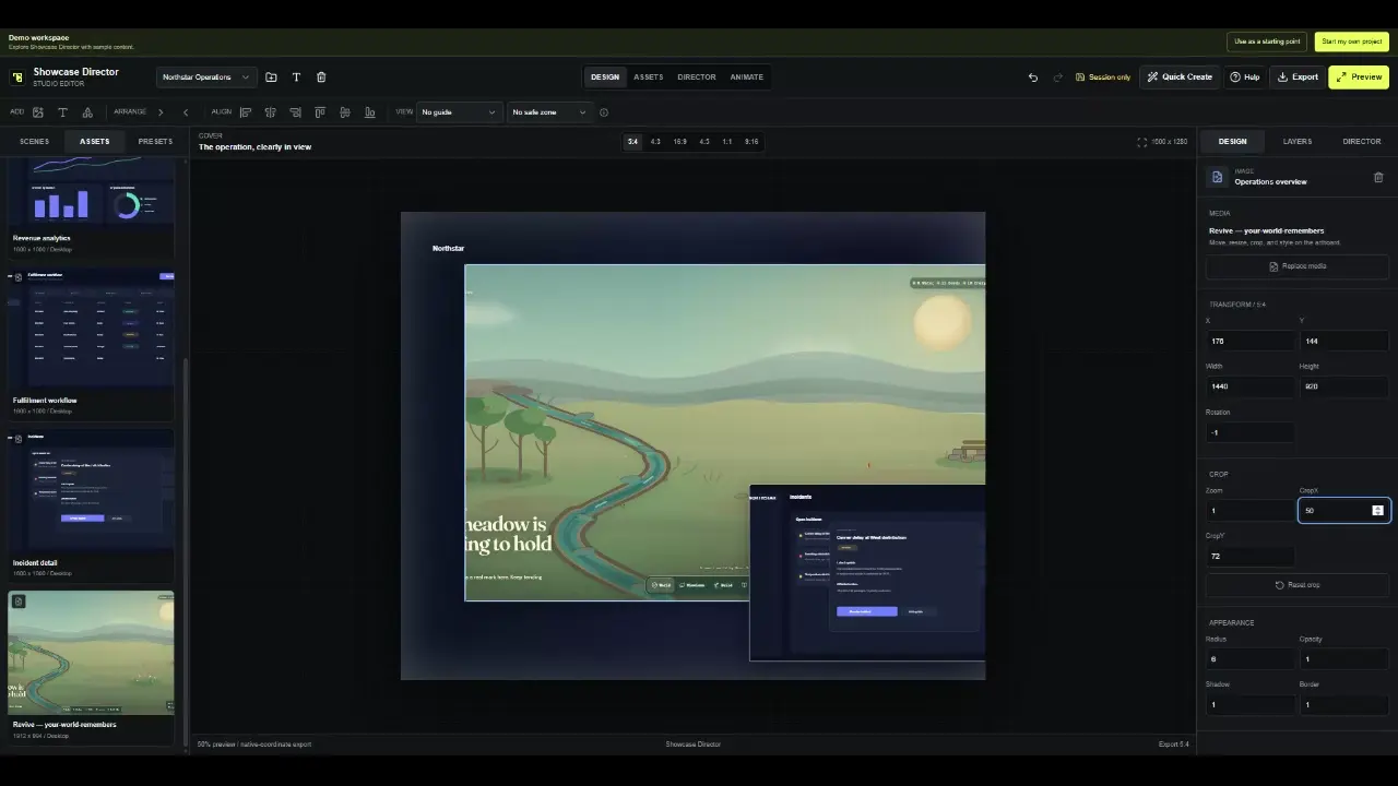 Showcase Director artboard containing layered Revive and incident interface assets