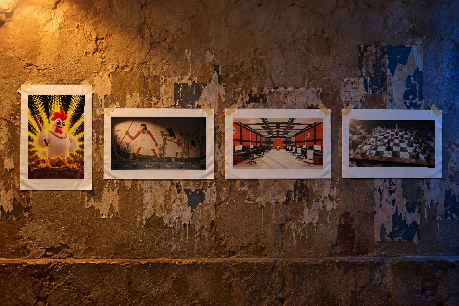 Posters for Bazooka Arcade, The Wall Remembers, Sightline and Low Poly Chess pasted on a Cairo wall at night