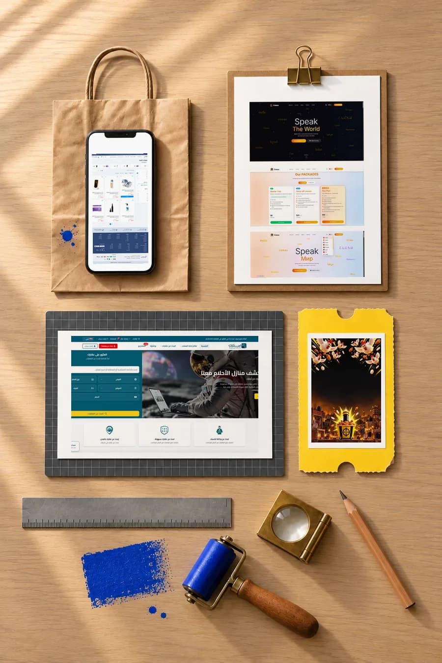 Linki on a phone, Cresca English printed on a clipboard, Amtalek on a cutting mat and Bazooka Arcade on a ticket, laid out on a desk