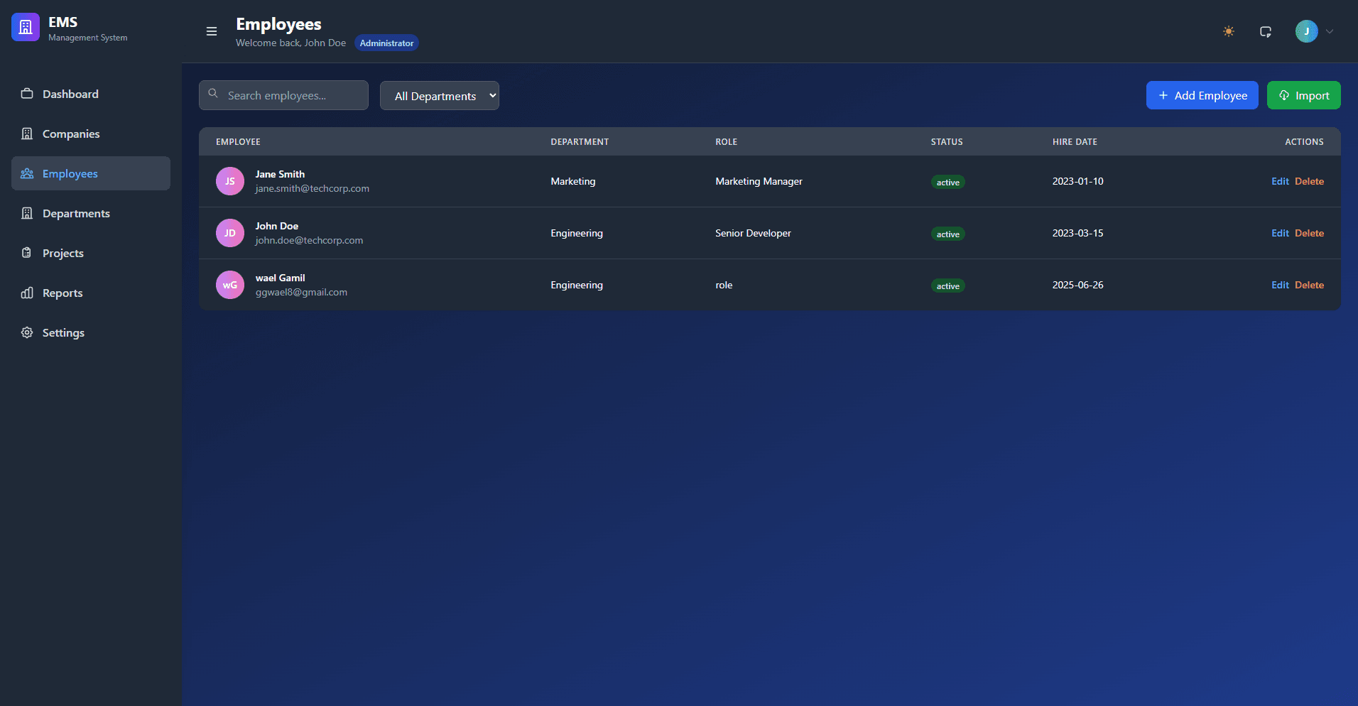 Employee records, filters, and management actions