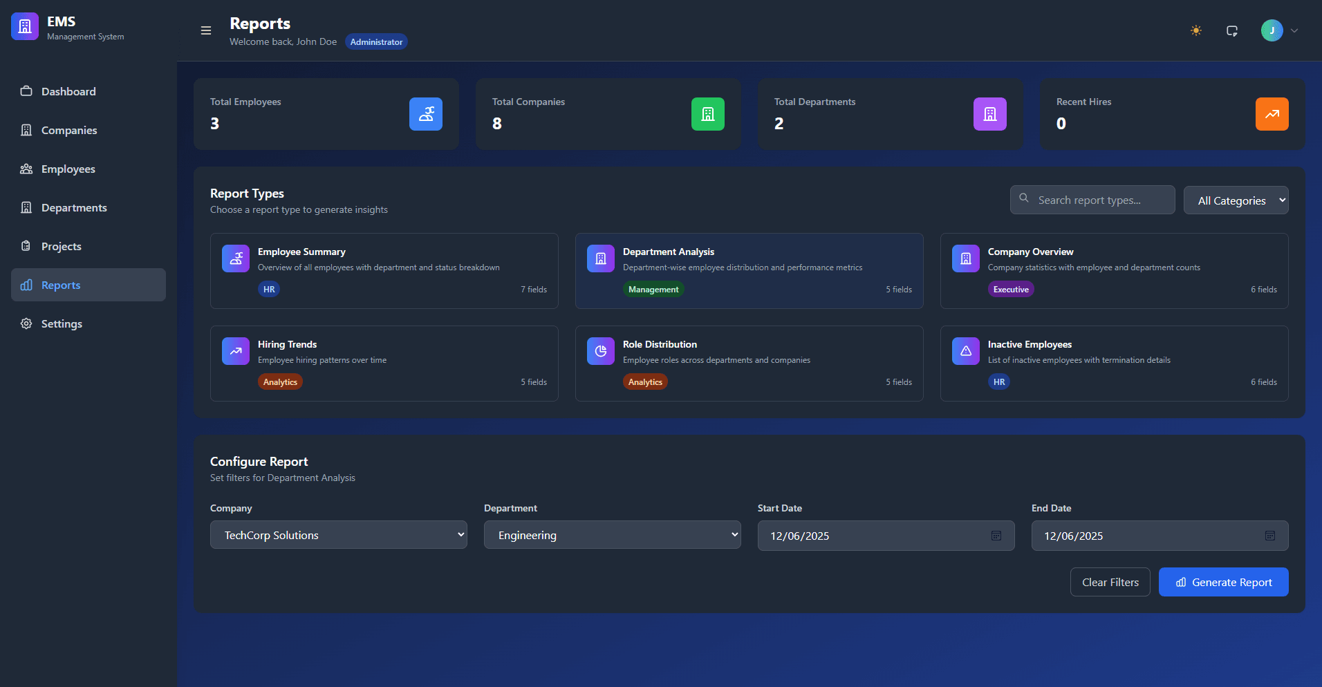 Enterprise reporting and export interface