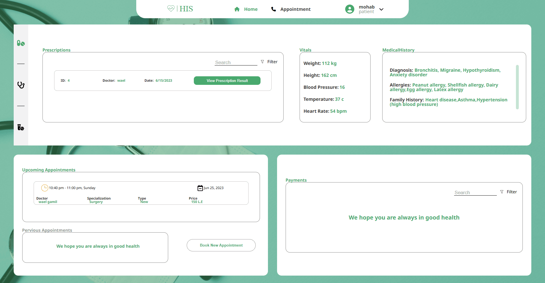 Hospital Information System patient dashboard