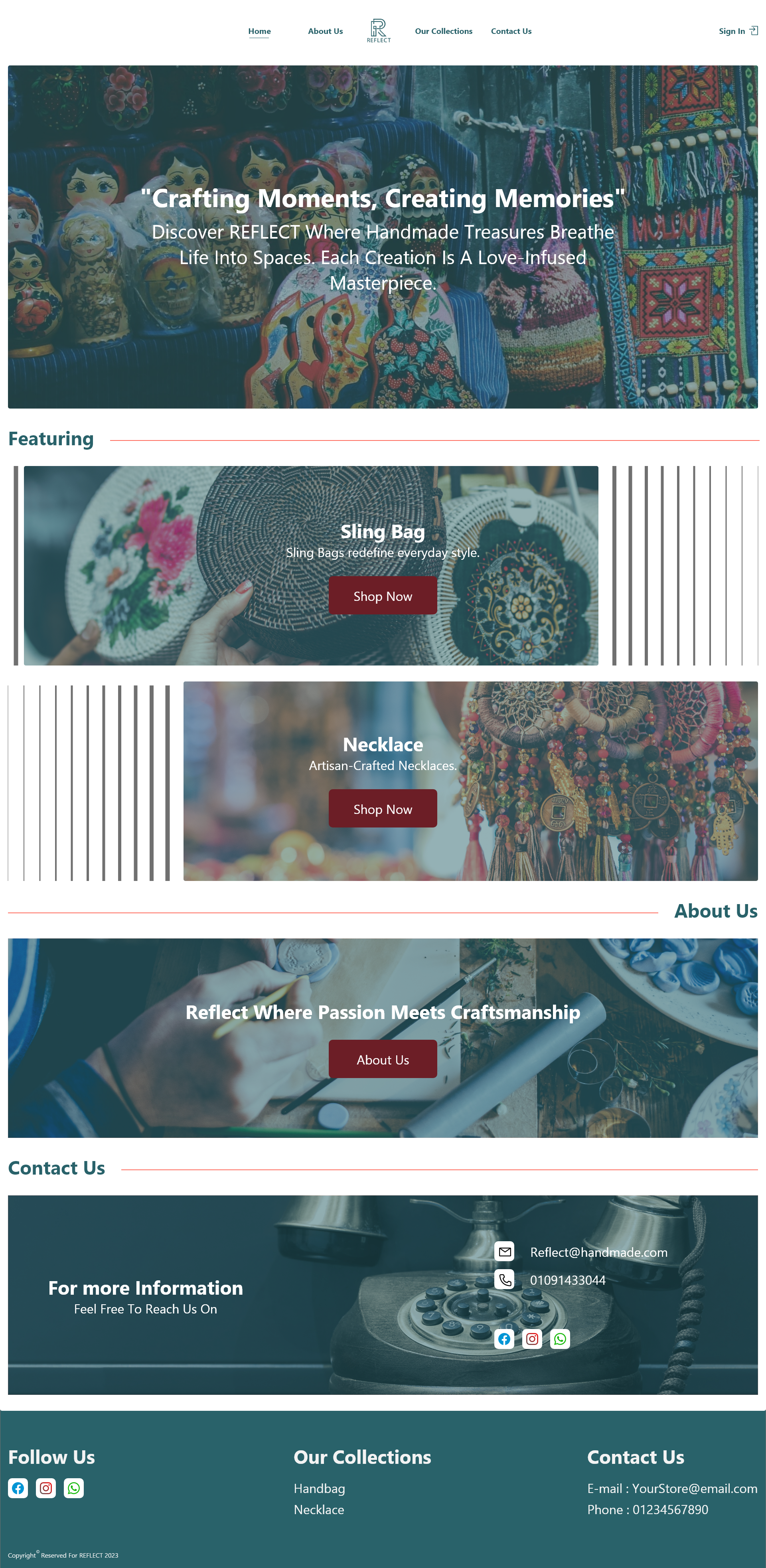 Reflect handcrafted store homepage