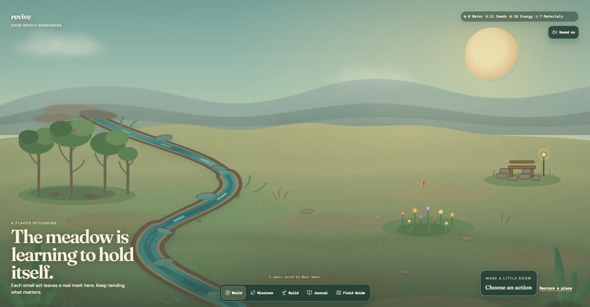 Revive meadow restored with flowing water, trees, wildflowers and a reading nook