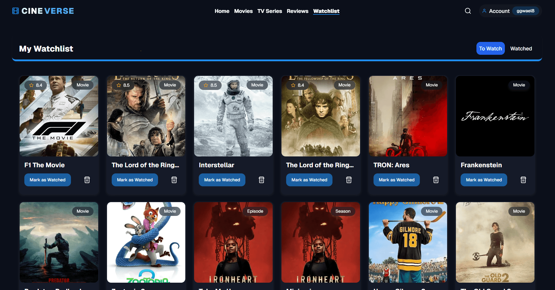 CineVerse watchlist interface